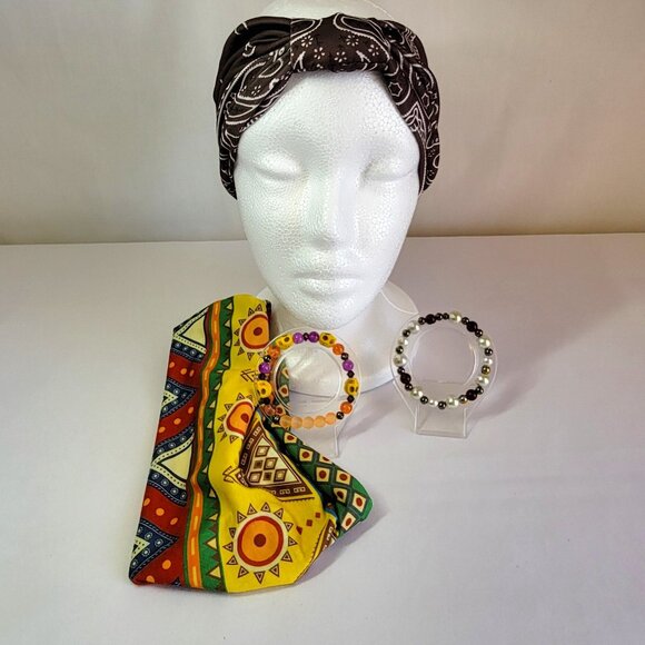 Multicolor And Brown Bandana Boho Headbands With Matching Bracelet Sets, Womens main image 5